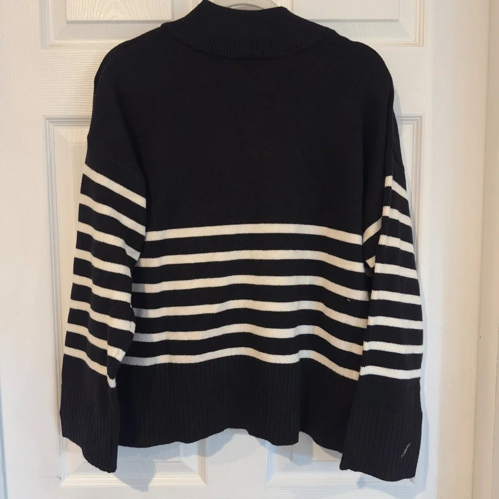 DKNY Womens Quarter Zip Striped Sweater Black White Mock Neck DJ5RO975 XL
